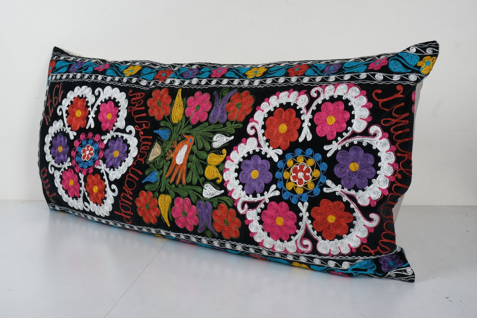 Vintage Black Velvet Dated Suzani Bedding Pillow Fashioned From A 20th Century Samarkand Suzani, Extra Long Floral Hippie Cushion 24''X 48'' photo for sale