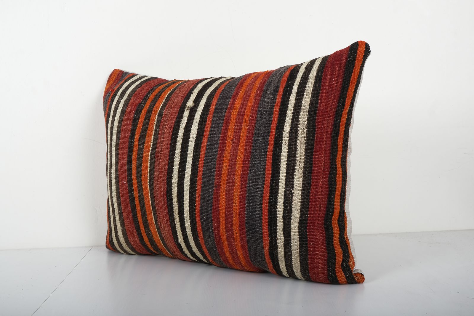 Striped Turkish Kilim Pillow Cover, Bohemian Wool Pillow, Tribal Lumbar Cushion Cover 18'' X 22'' photo Textiles