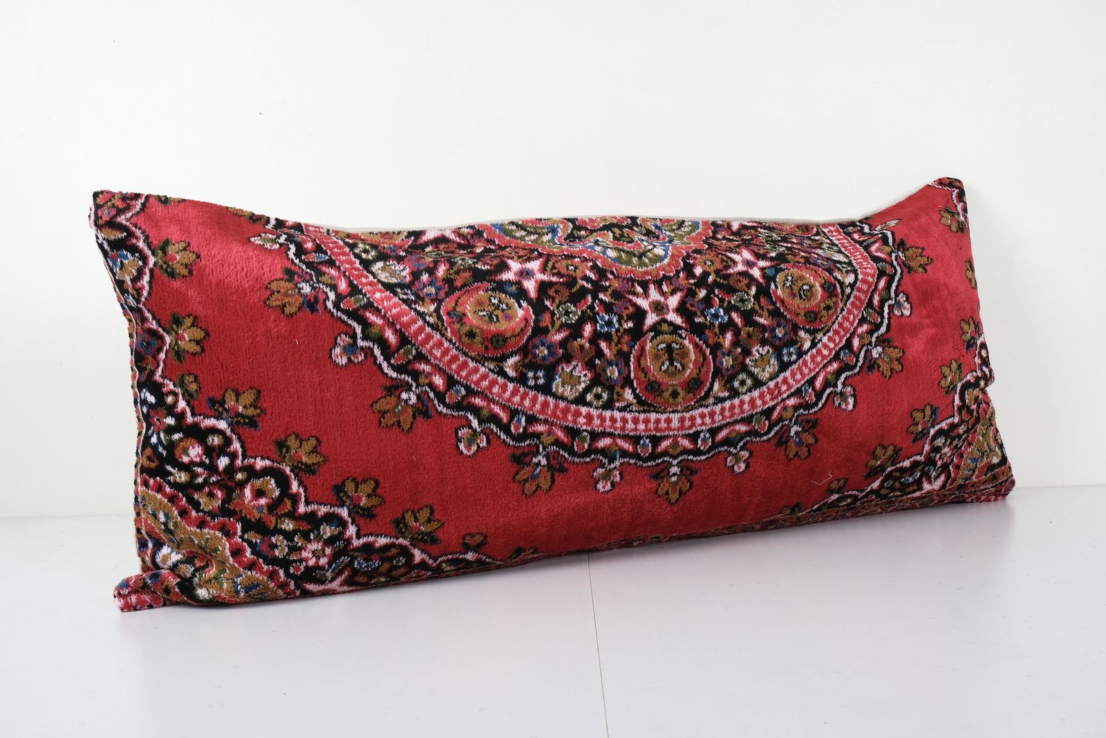 Turkish Velvet Pillow Cover   Floral Red Velvet Lumbar Pillow Case   Ethnic  Chic Cushion Cover 18'' X 38'' photo 80.0