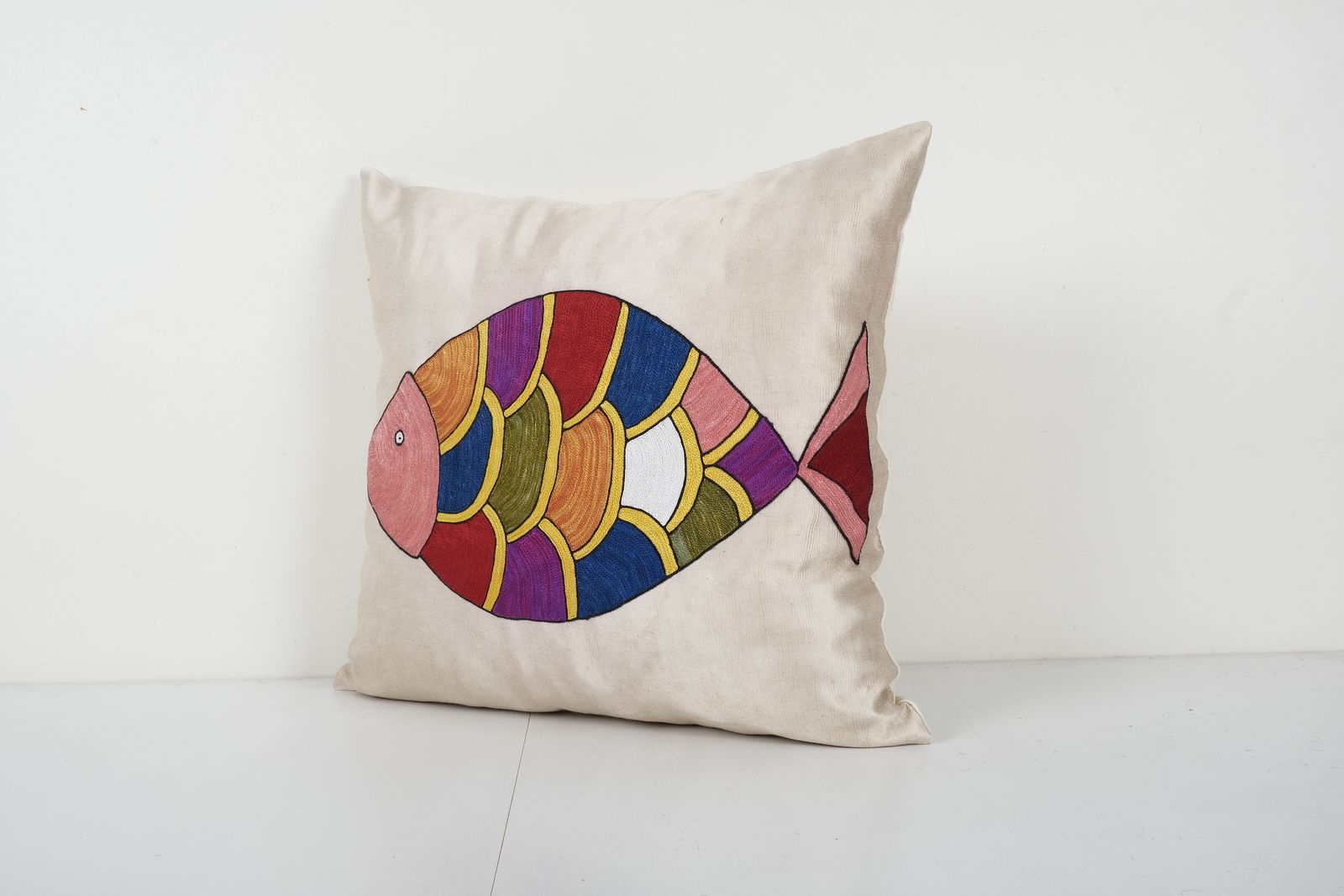 Suzani Silk Animal Pillow Cover, Handmade Embroideredx Fish Cushion Cover 19'' X 19'' photo for sale