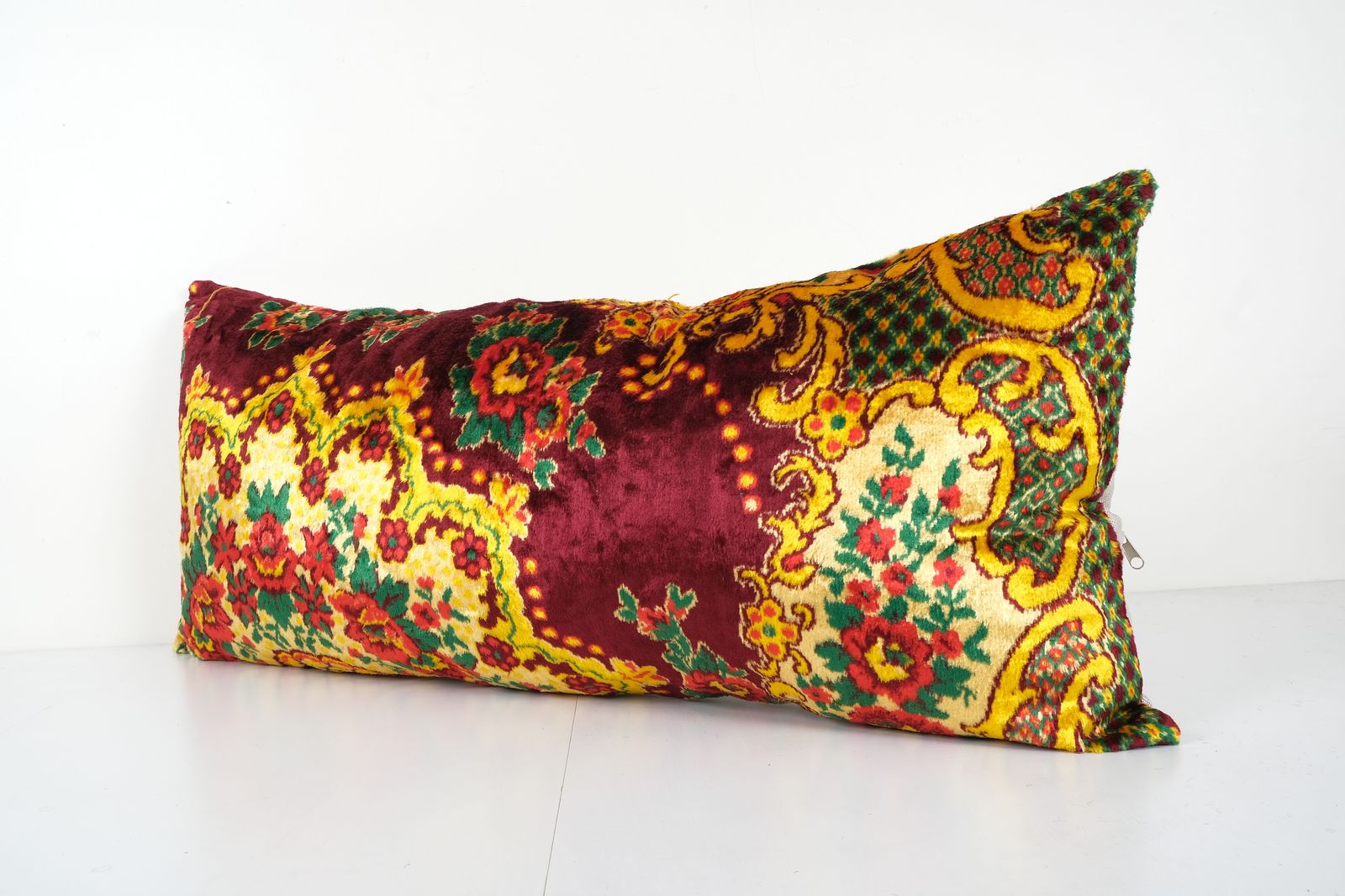 Extra Long Silk Velvet Lumbar Cushion Cover, Colorful Extraordinary Floral Design Velvet  18'' X 40'' photo furniture