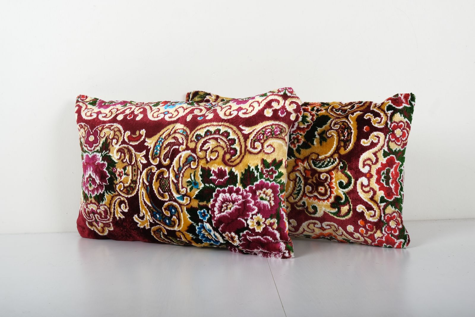 Velvet Oblong Colorful Pillow, Pair Yellow Red Pillow Cover, Set Flower Motifs Pillow Cover 12'' X 18'' photo furniture