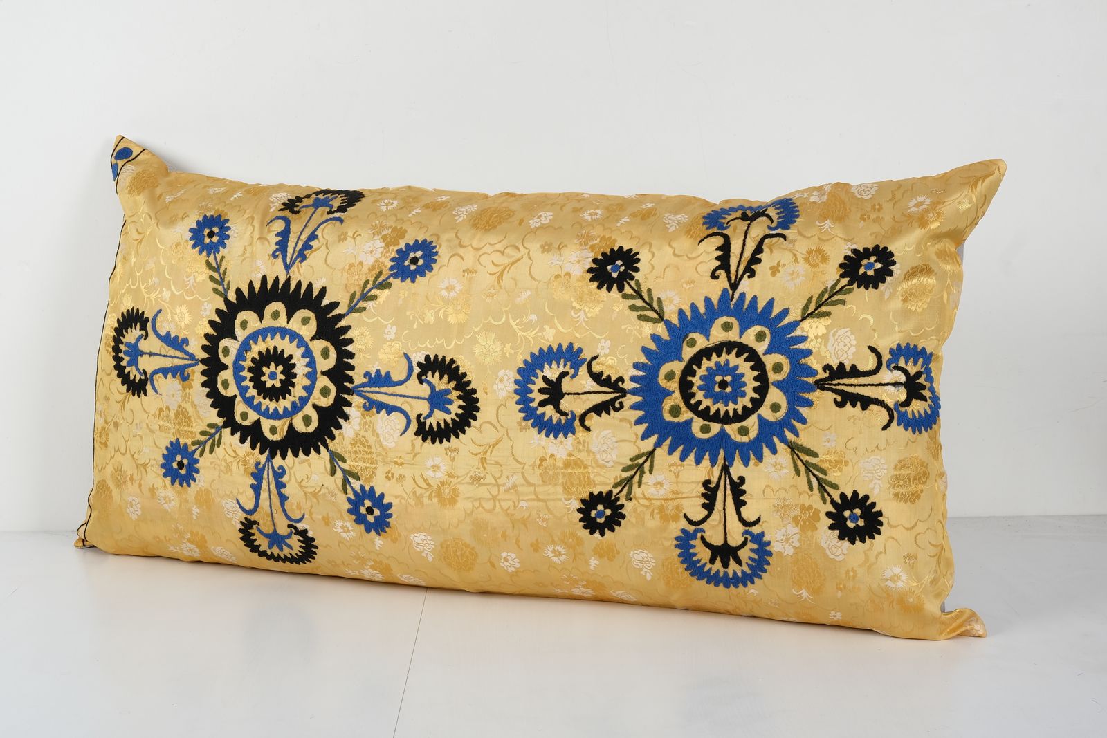 Vintage Suzani Hippie Bedding Pillow Case Made From A 19th Century Suzani   Yellow Uzbek Cushion Cover   Tribal Home Decor 22''X43'' photo furniture