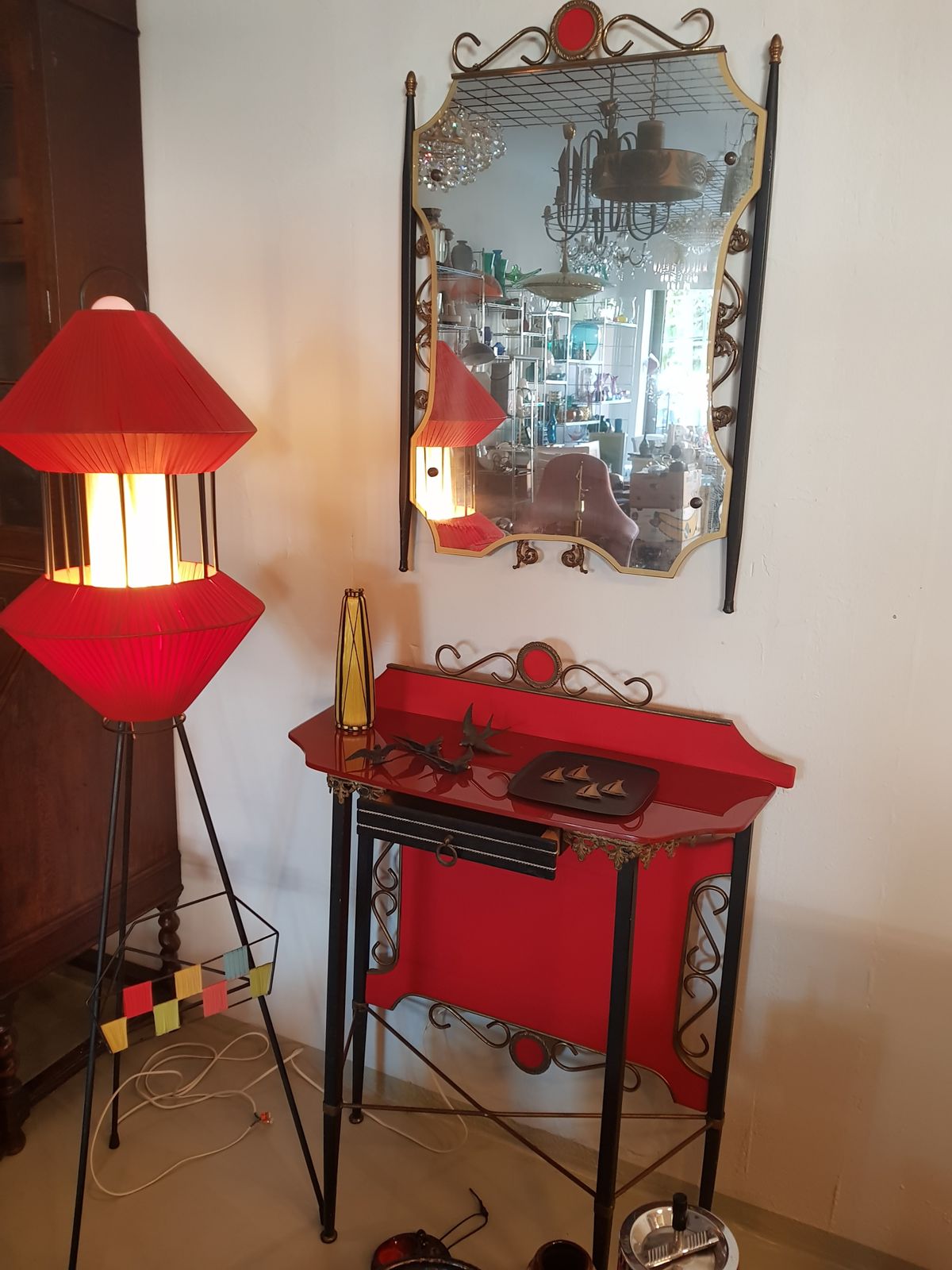 Mid Century Italian Tripod Floor Lamp With Newspaper Stand, 1950s photo furniture
