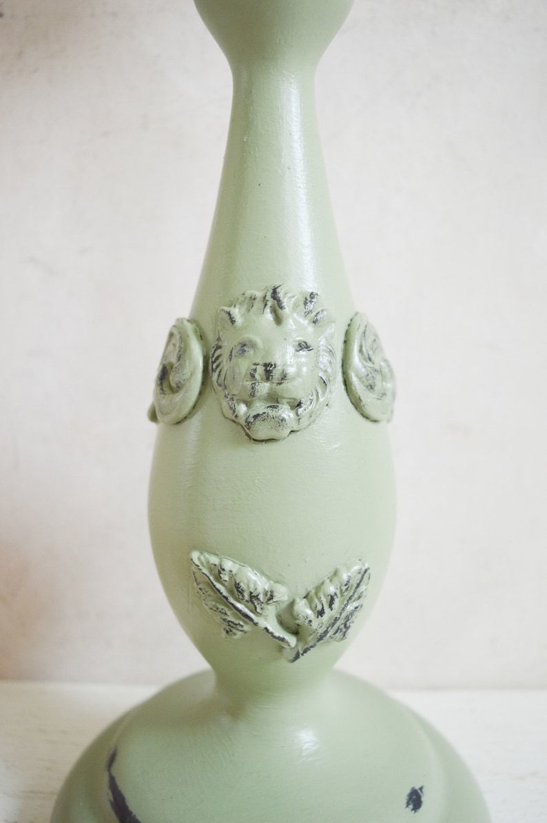 Large Lion Head & Leaf Pillar Candle Holder, Hand Painted In Sage Green, Hand Crafted Applique Moulds, 37x16cm photo for sale