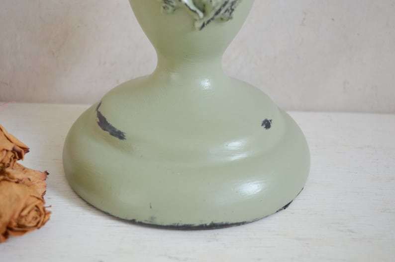 Large Lion Head & Leaf Pillar Candle Holder, Hand Painted In Sage Green, Hand Crafted Applique Moulds, 37x16cm photo vinterior
