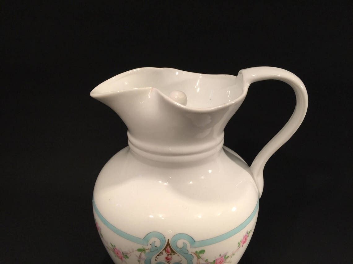 Antique Porcelain Chocolate Jug By Danish Maker Bing And Grondahl In The 1800s, Pink And Light Blue Pattern photo furniture