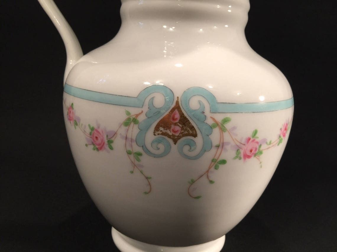 Antique Porcelain Chocolate Jug By Danish Maker Bing And Grondahl In The 1800s, Pink And Light Blue Pattern photo buy