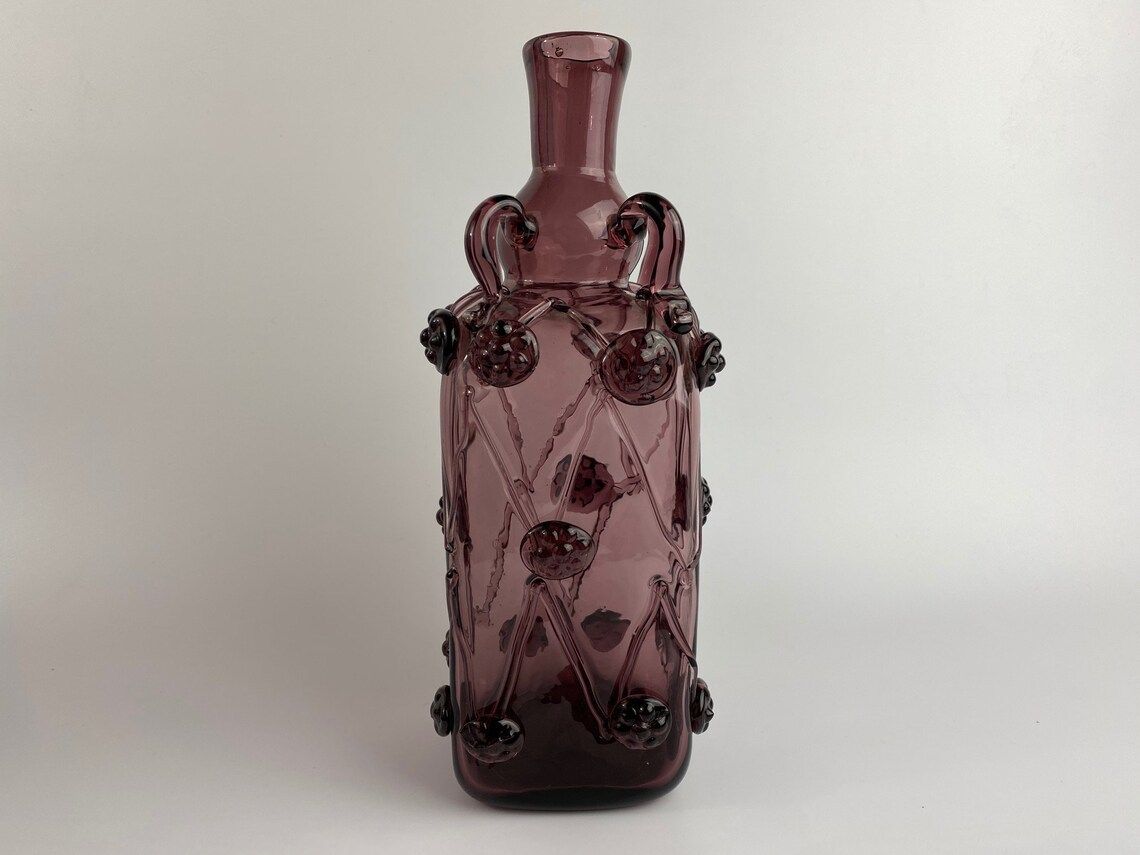 Beautiful Old Purple Glass Bottle / Vase With Glass Threads And Rosettes, First Half Of The 20th Century photo 172.0