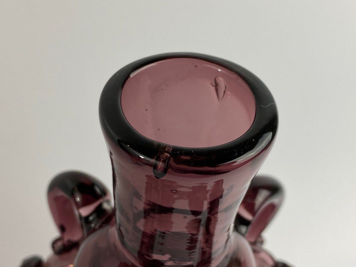 Beautiful Old Purple Glass Bottle / Vase With Glass Threads And Rosettes, First Half Of The 20th Century photo vintage