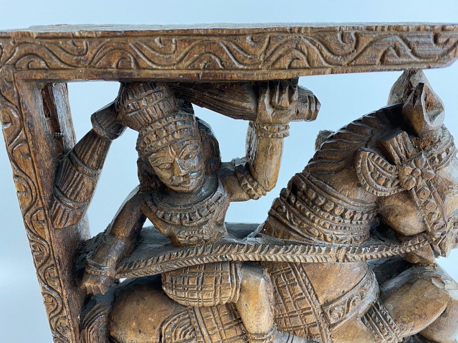 Handmade Carving Panel Of Wood From Indian Temple Car To Celebrate Hindu Gods Man On Horse And Man With Dog photo furniture