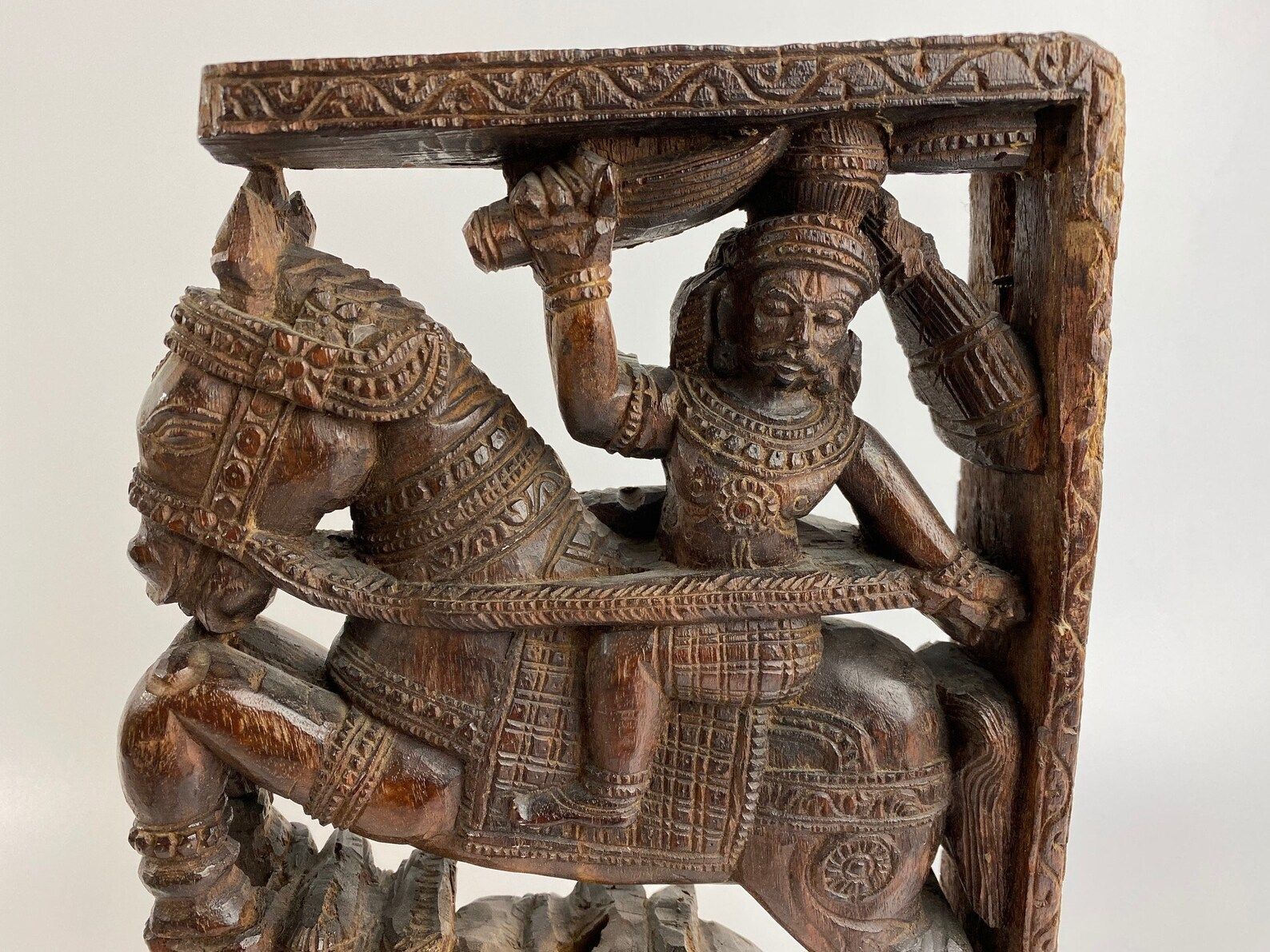 Handmade Carving Panel Of Wood From Indian Temple Car To Celebrate Hindu Gods Man On Horse And Man With Dog photo vinterior