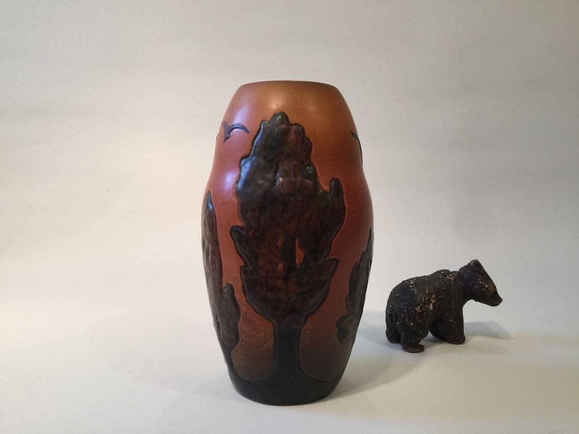 Art Nouveau Vase With Poplar Tree Motif From Danish Terra Cotta Factory Ipsen's Widow In The 1900s To 1920s, Orange Parrot Glaze