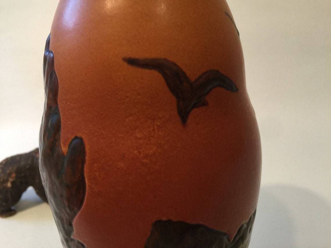 Art Nouveau Vase With Poplar Tree Motif From Danish Terra Cotta Factory Ipsen's Widow In The 1900s To 1920s, Orange Parrot Glaze photo 119.0
