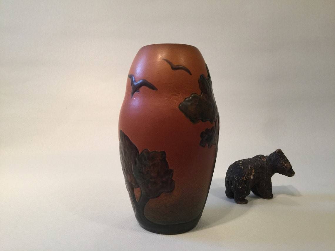 Art Nouveau Vase With Poplar Tree Motif From Danish Terra Cotta Factory Ipsen's Widow In The 1900s To 1920s, Orange Parrot Glaze photo vinterior
