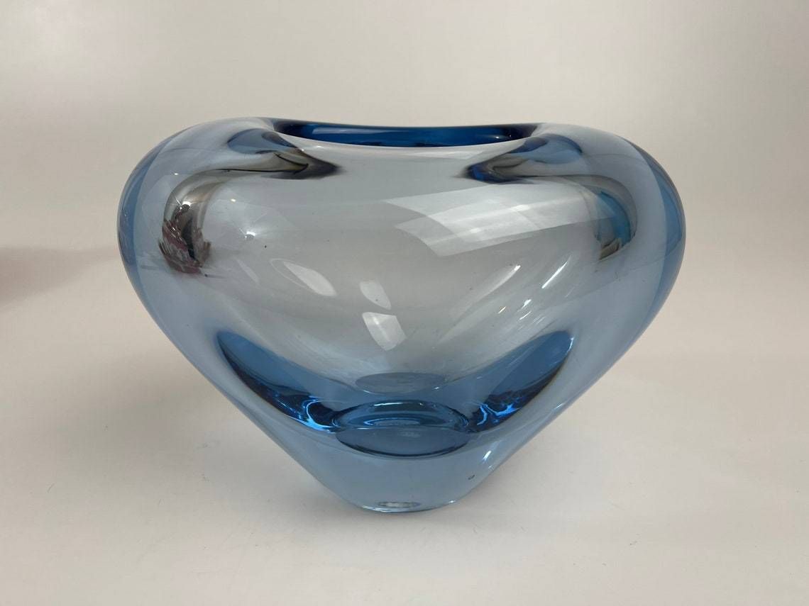 photo for sale Big Heart Shaped Aqua Blue Vase By Per Lutken (Per Lütken) For The Danish Glassworks Holmegaard. Scandinavian Mid Century Interior Design