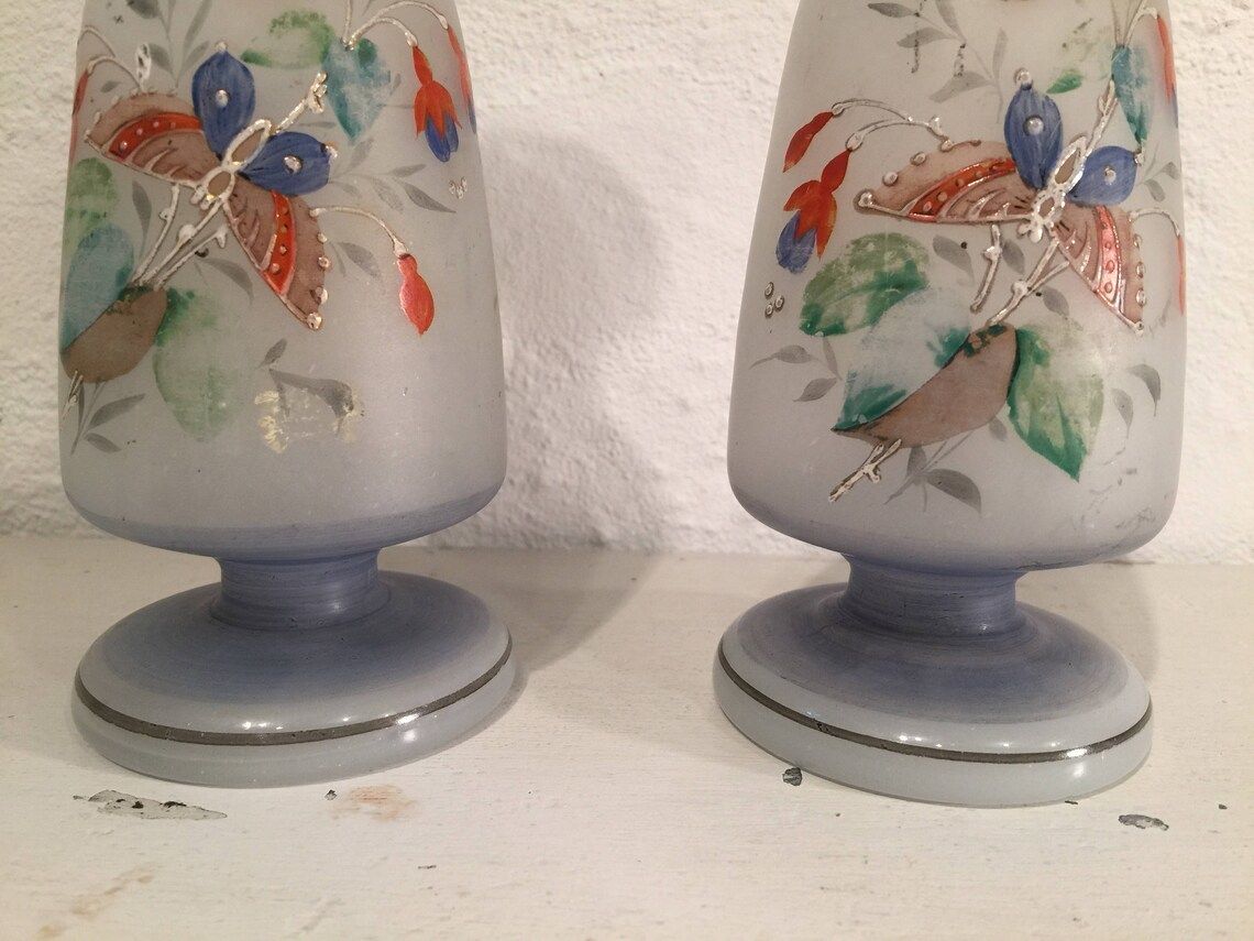 Pair Of Antique Opaline Vases In A Tender Gray Color, Enamel Painted With Butterflies And Flowers, Probably French, 19th Century photo Home Decor