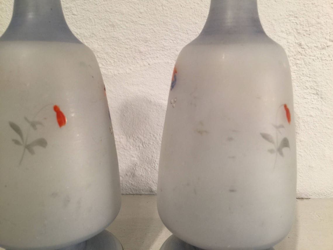 photo buy Pair Of Antique Opaline Vases In A Tender Gray Color, Enamel Painted With Butterflies And Flowers, Probably French, 19th Century