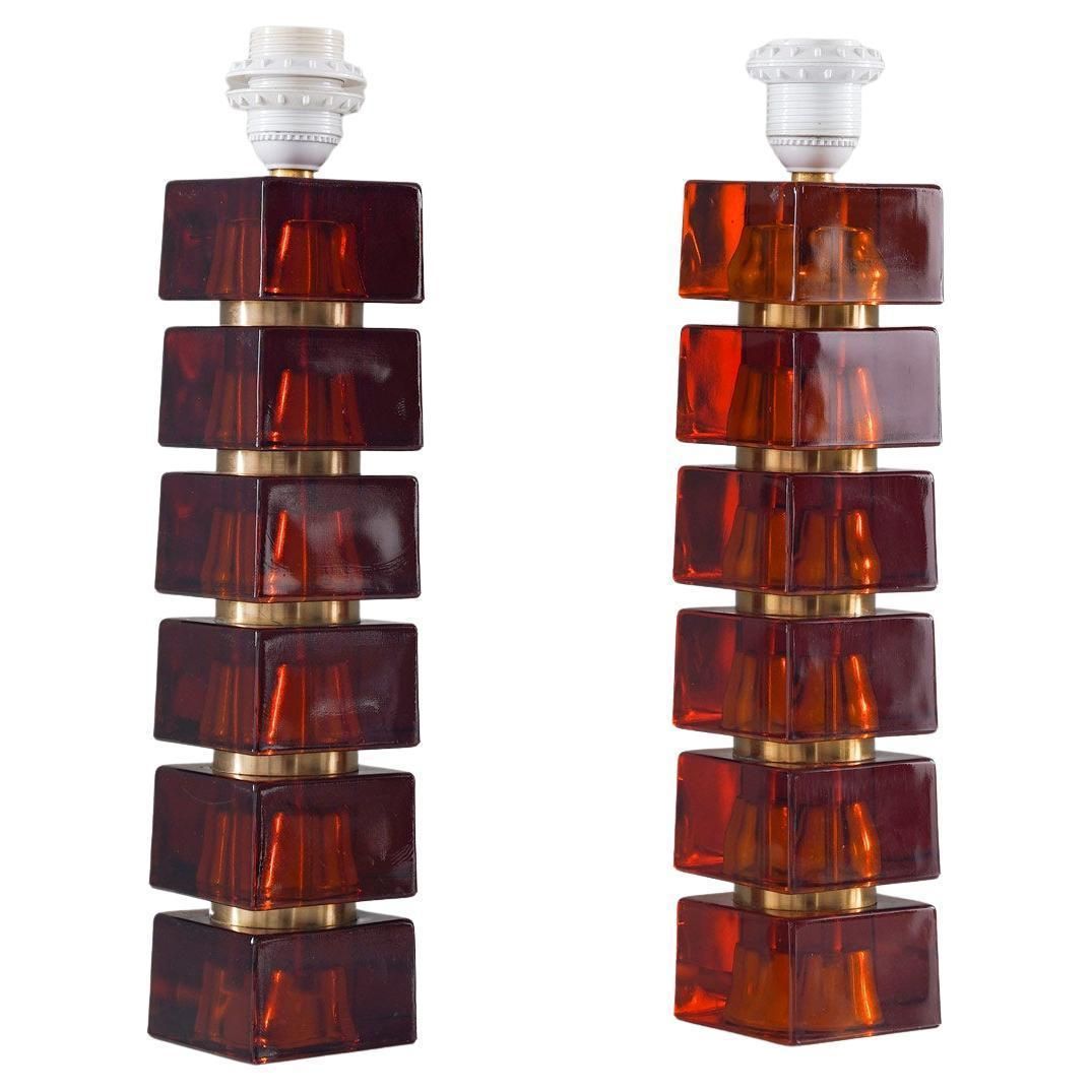 Pair Of Swedish Mid Century Table Lamps In Glass And Brass