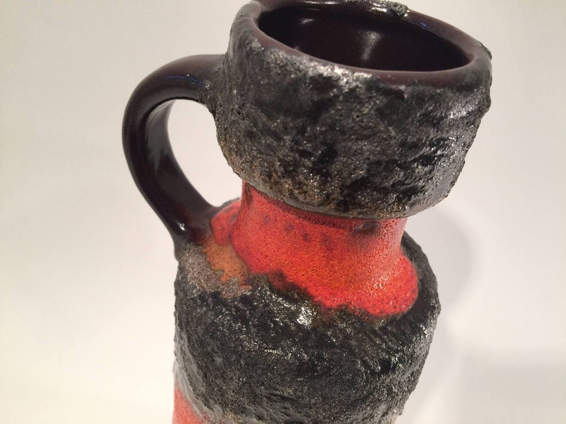 photo furniture West Germany Fat Lava Vase, Organge Red And Grey Black, Signed With The Logo Of Carsten's Studio, European Mid Century Modern, 1970s/1960s
