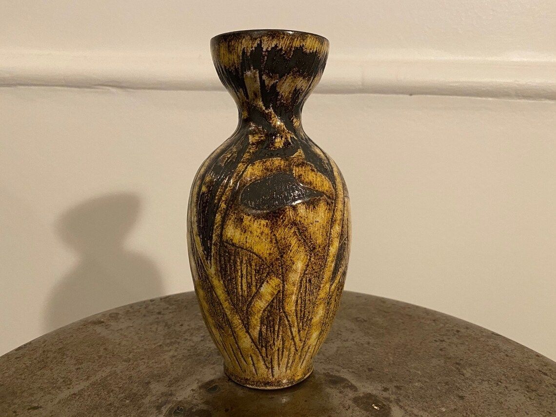 Vase With Motif Of Man And Giraffe In The Forest / Jungle From The Swedish Pottery Torngrens