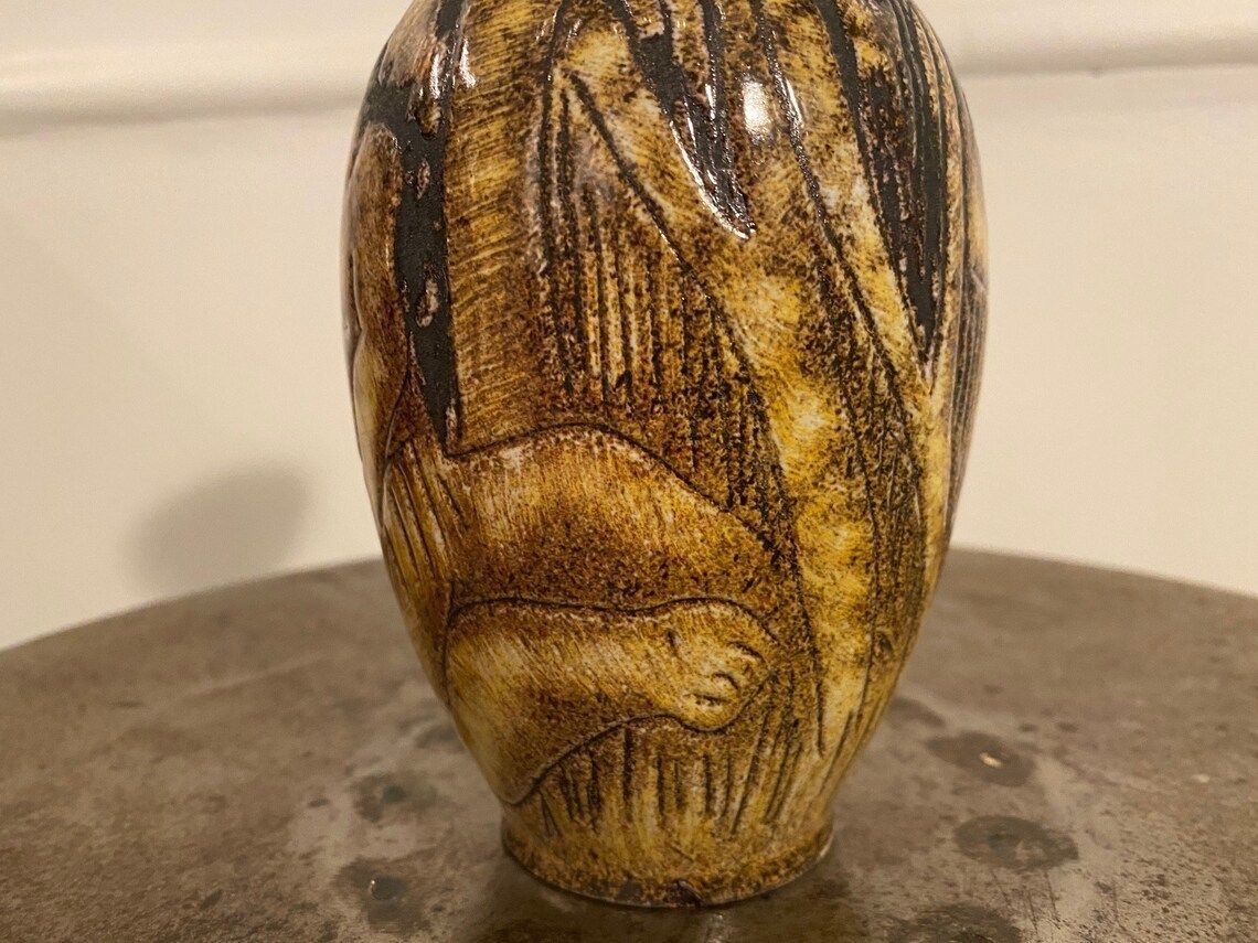 Vase With Motif Of Man And Giraffe In The Forest / Jungle From The Swedish Pottery Torngrens photo vinterior