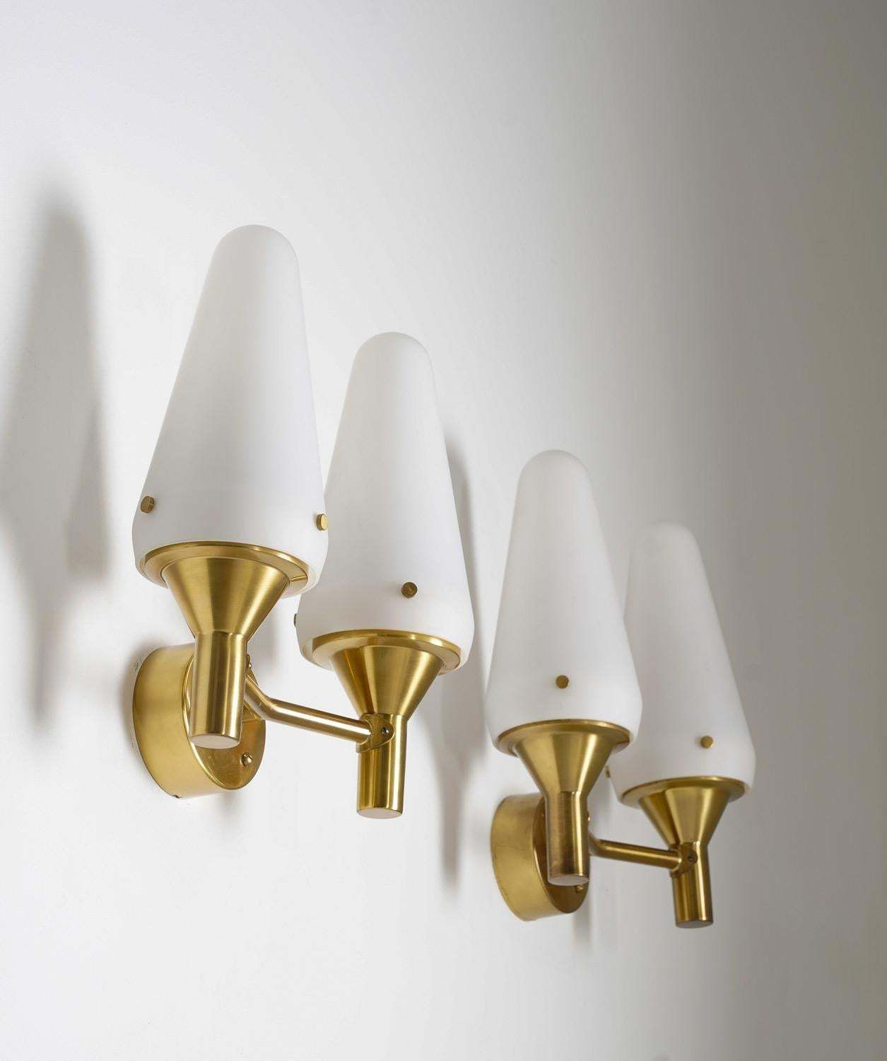 Pair Of Swedish Midcentury Wall Lamps In Brass And Glass photo for sale