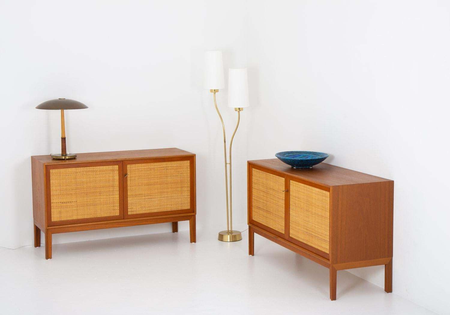 photo for sale Pair Of Mid Century Scandinavian Sideboards In Teak And Rattan By Alf Svensson