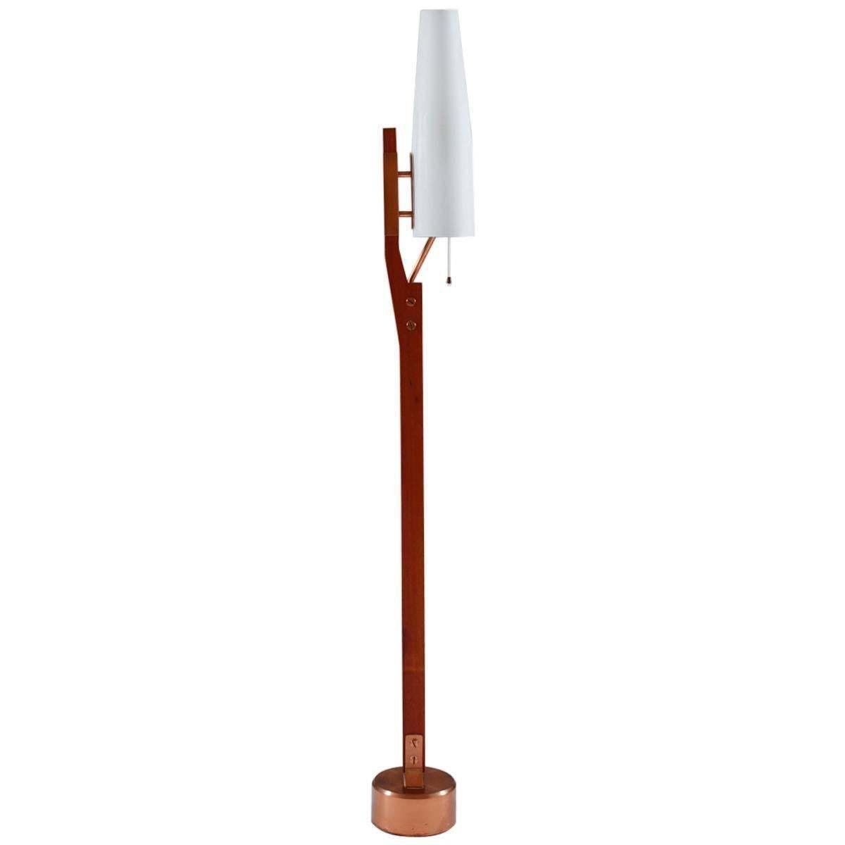 Very Rare Floor Lamp By Orrefors In Teak, Copper And Opaline Glass