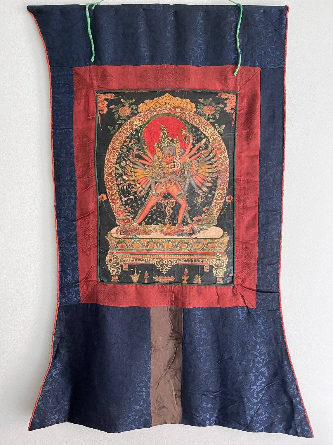 Shakti Thangka  Asian Buddhist  Hindu Thangka Painting Mounted In Hand Stitched Cloth 20th Century