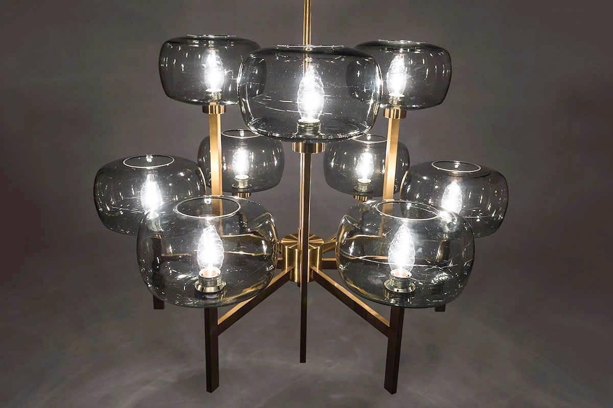 Five Swedish Chandeliers In Brass And Glass By Holger Johansson photo buy