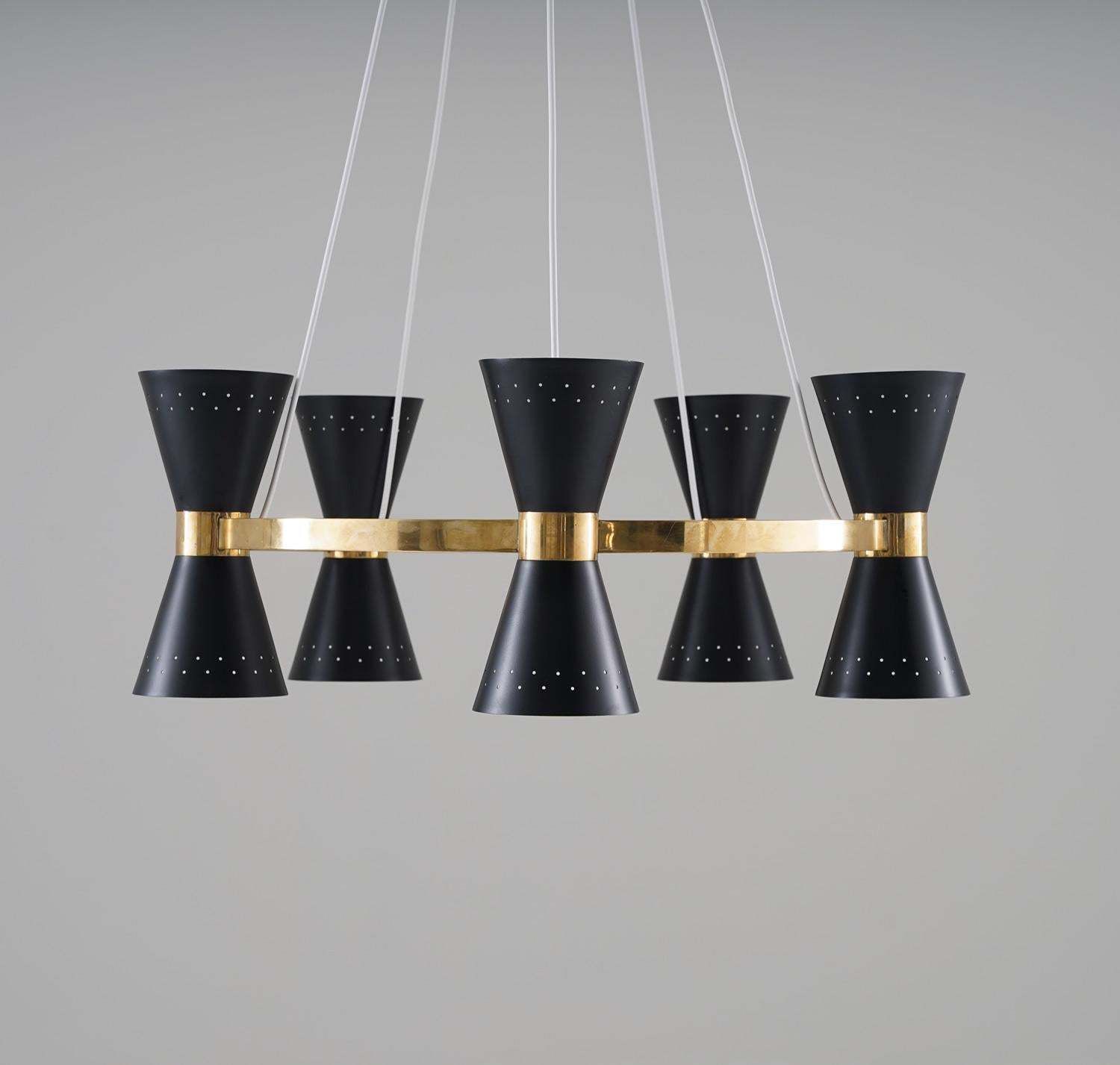 Swedish Midcentury Chandelier In Brass And Metal By Alf Svensson For Bergboms photo for sale