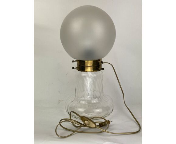 Midcentury Art Deco Style Swirl Brass And Glass Mushroom Table Lamp photo for sale