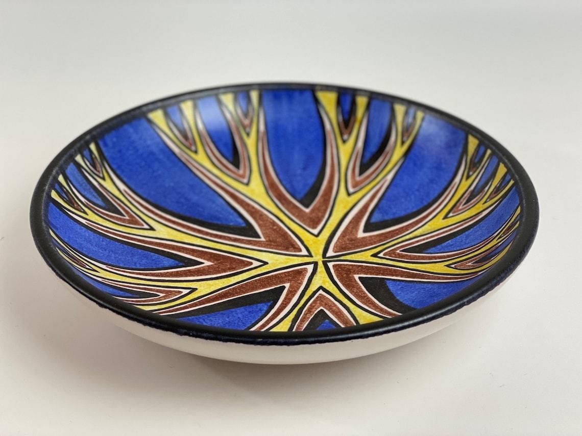 Striking Blue And Yellow Bowl / Wall Hanging By Rigmor Nielsen For Danish Pottery Soholm In Denmark, Danish Mid Century Modern, 1950 1960s photo furniture