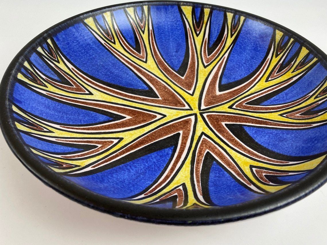 Striking Blue And Yellow Bowl / Wall Hanging By Rigmor Nielsen For Danish Pottery Soholm In Denmark, Danish Mid Century Modern, 1950 1960s photo buy