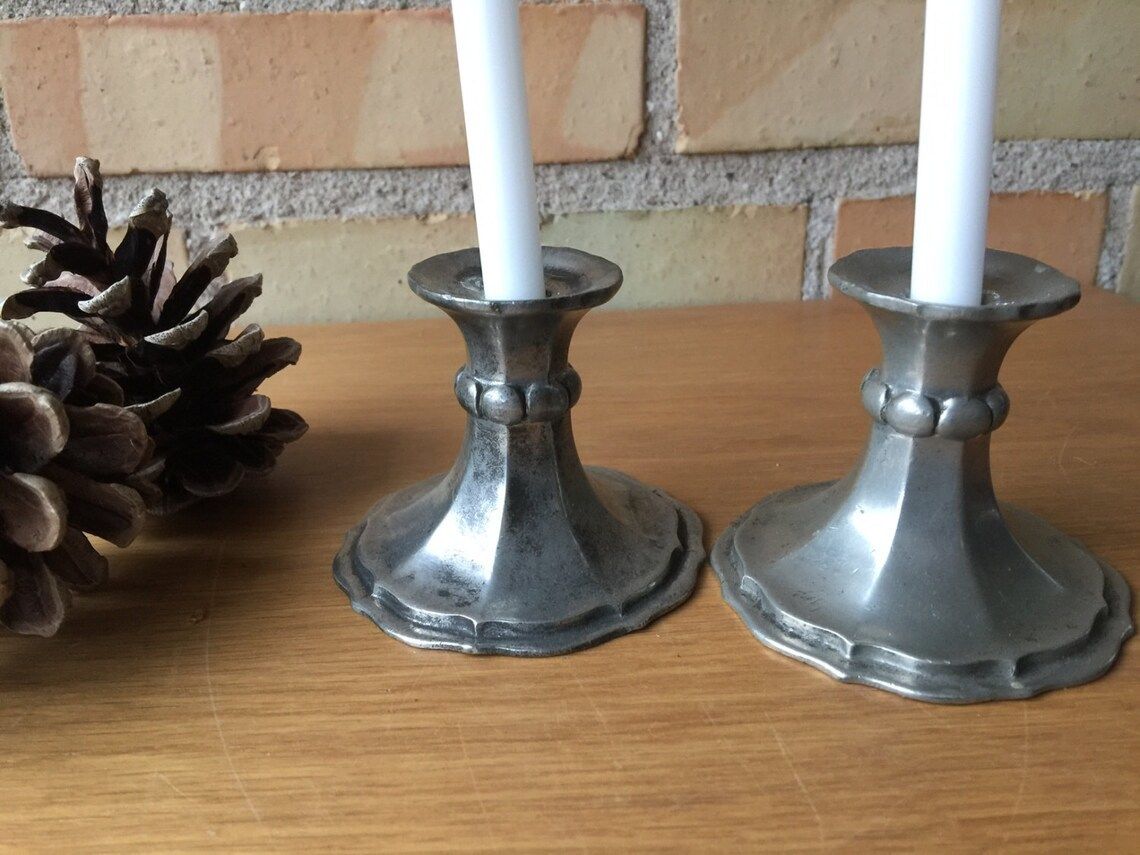 Pair Of Candleholders Of Pewter, 1920s, By The Danish Silversmith Dragsted In Copenhagen, Scandinavian Art Nouveau Interior Design
