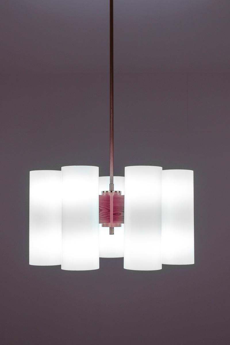 Pair Of Large Swedish Midcentury Chandeliers In Acrylic, Pine And Brass By Luxus photo furniture