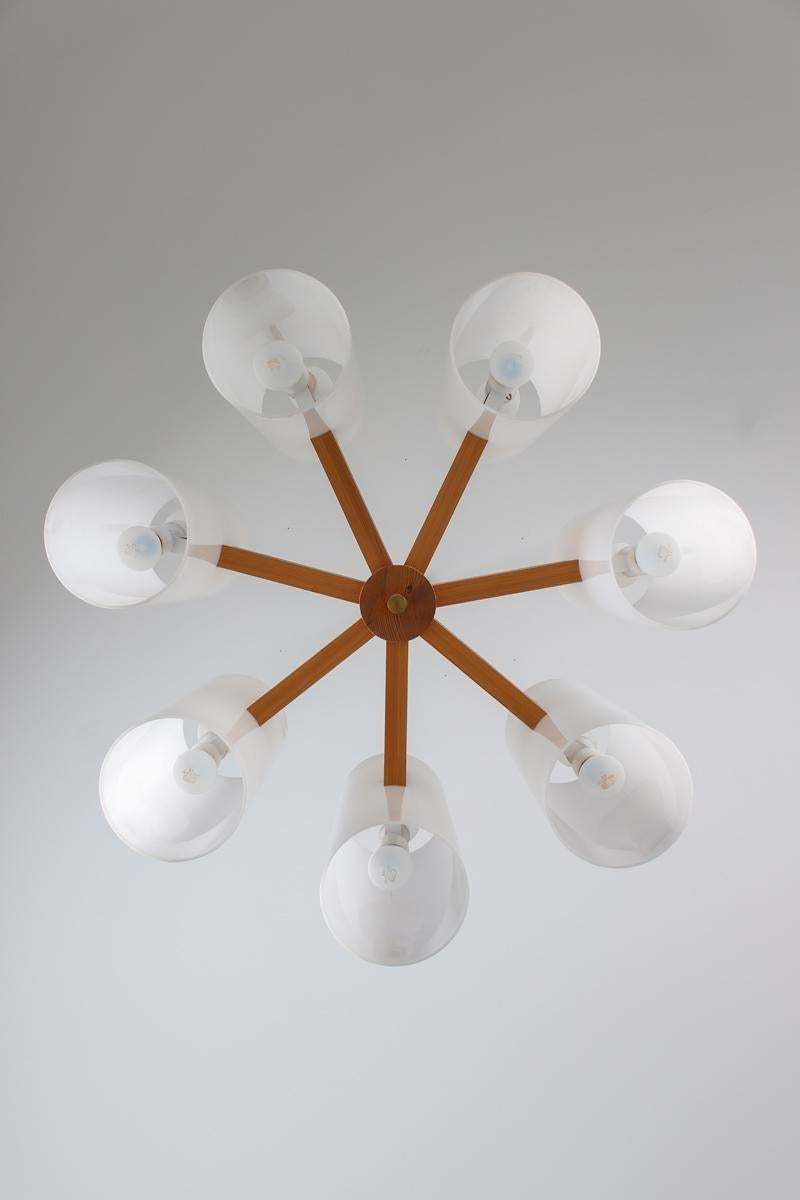 Pair Of Large Swedish Midcentury Chandeliers In Acrylic, Pine And Brass By Luxus photo vinterior