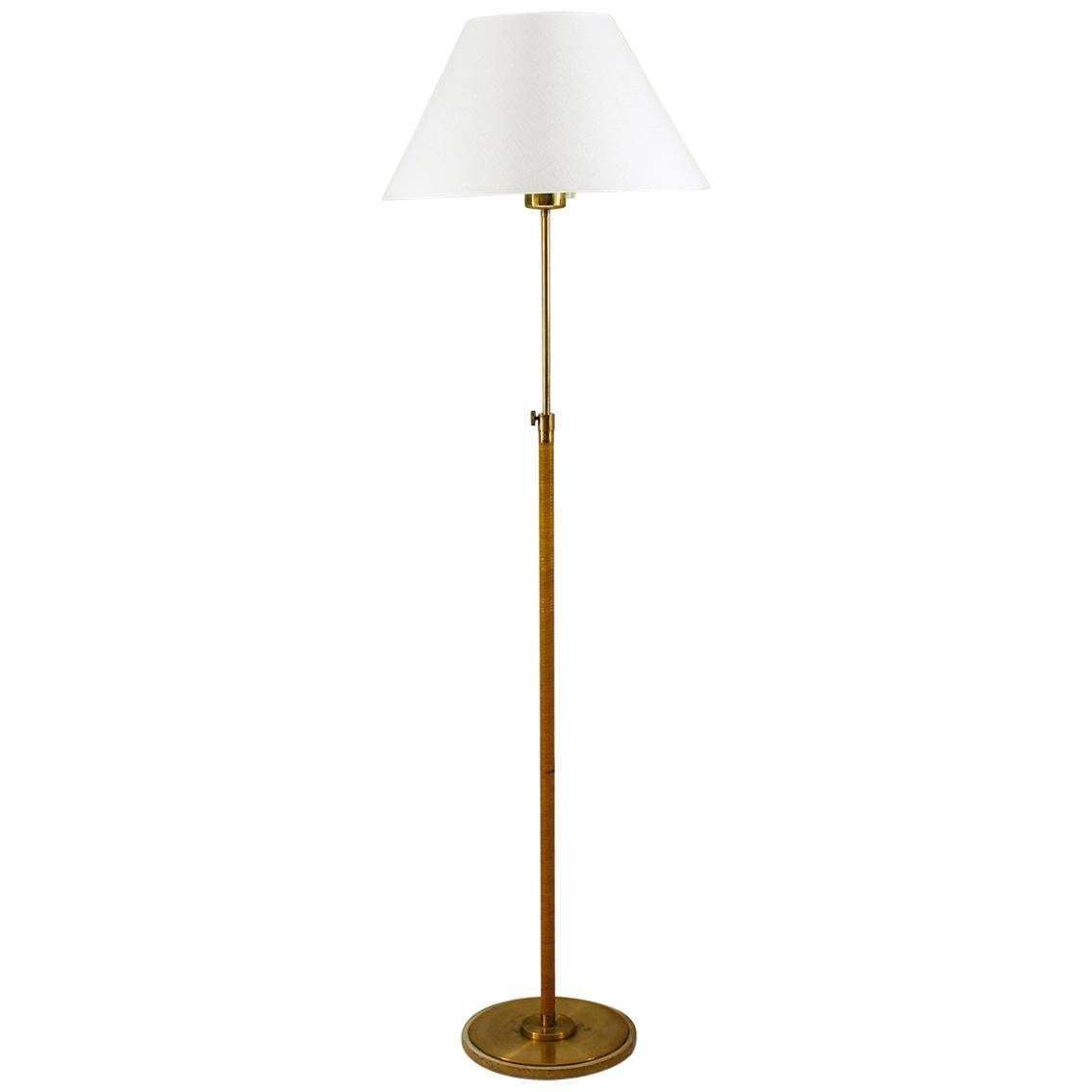 Swedish Modern Midcentury Floor Lamp In Brass And Rattan, 1940s