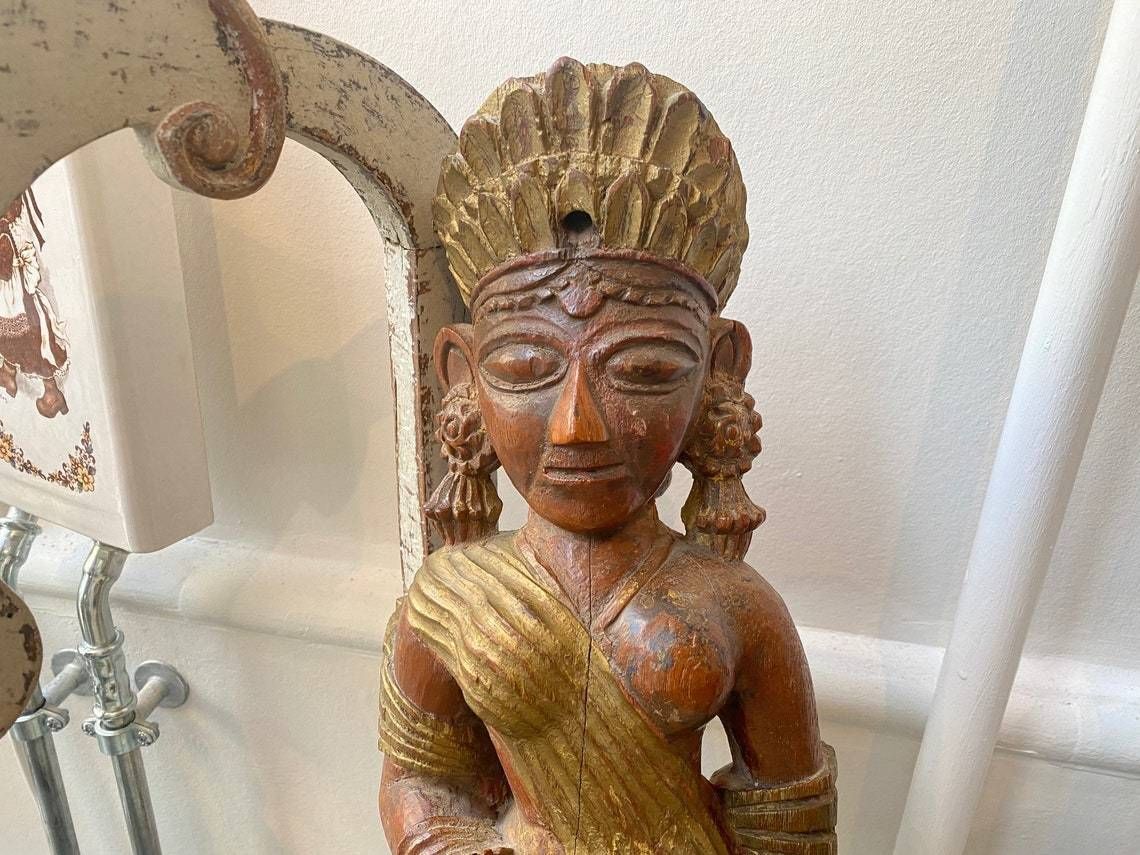 Ancient Asian Female Figure / Wallhanging Hand Carved In Wood With Gildings, Probably Hindu Goddess, Circa 1900 photo furniture