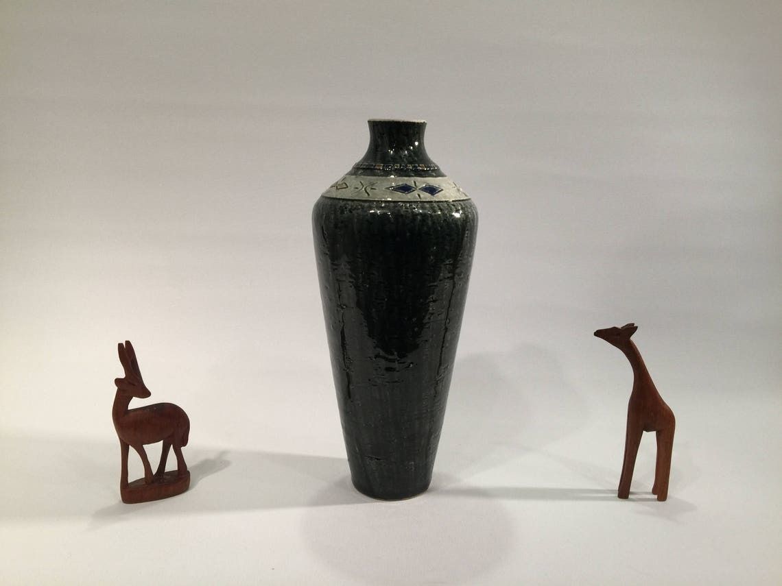 Vase, Swedish Green Glazed Chamotte With Incised Geometric Pattern By Yngve Blixt, Own Studio In Hoganas, 1960s, Scandinavian Home Decor