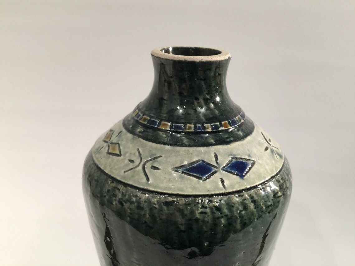 Vase, Swedish Green Glazed Chamotte With Incised Geometric Pattern By Yngve Blixt, Own Studio In Hoganas, 1960s, Scandinavian Home Decor photo for sale