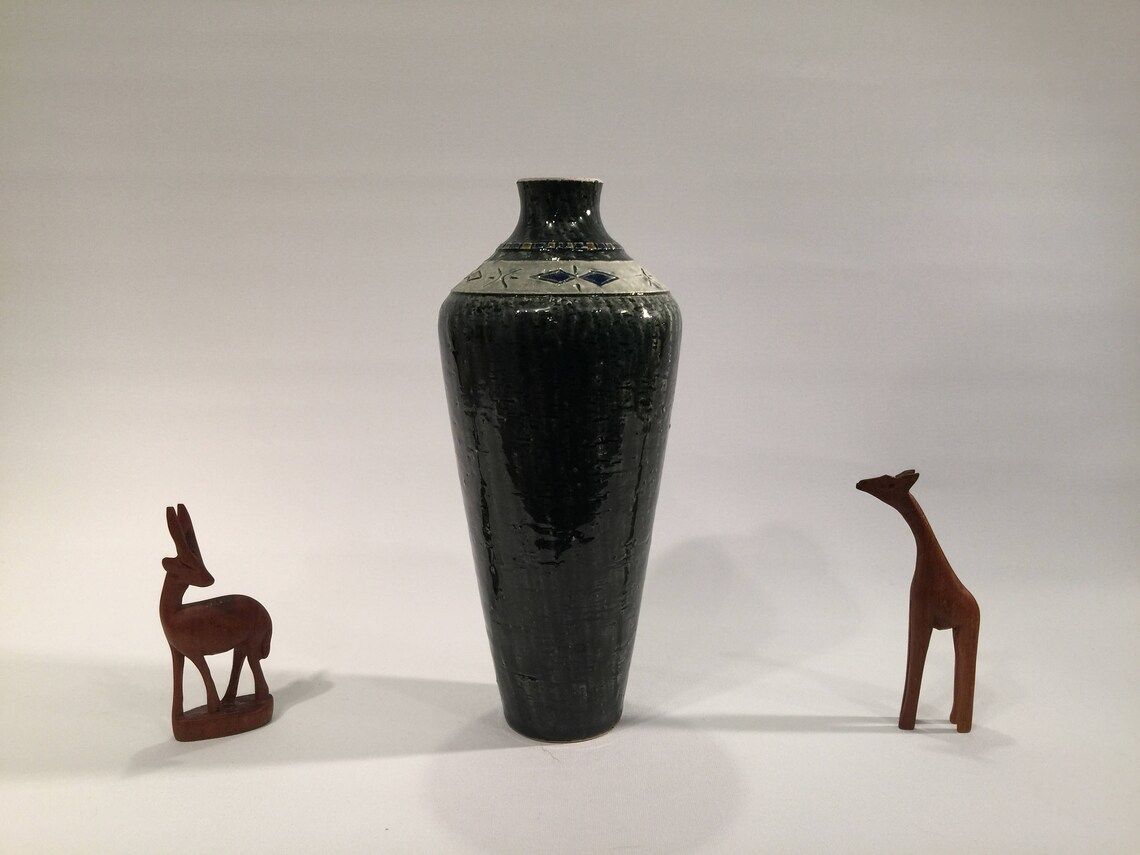 photo furniture Vase, Swedish Green Glazed Chamotte With Incised Geometric Pattern By Yngve Blixt, Own Studio In Hoganas, 1960s, Scandinavian Home Decor
