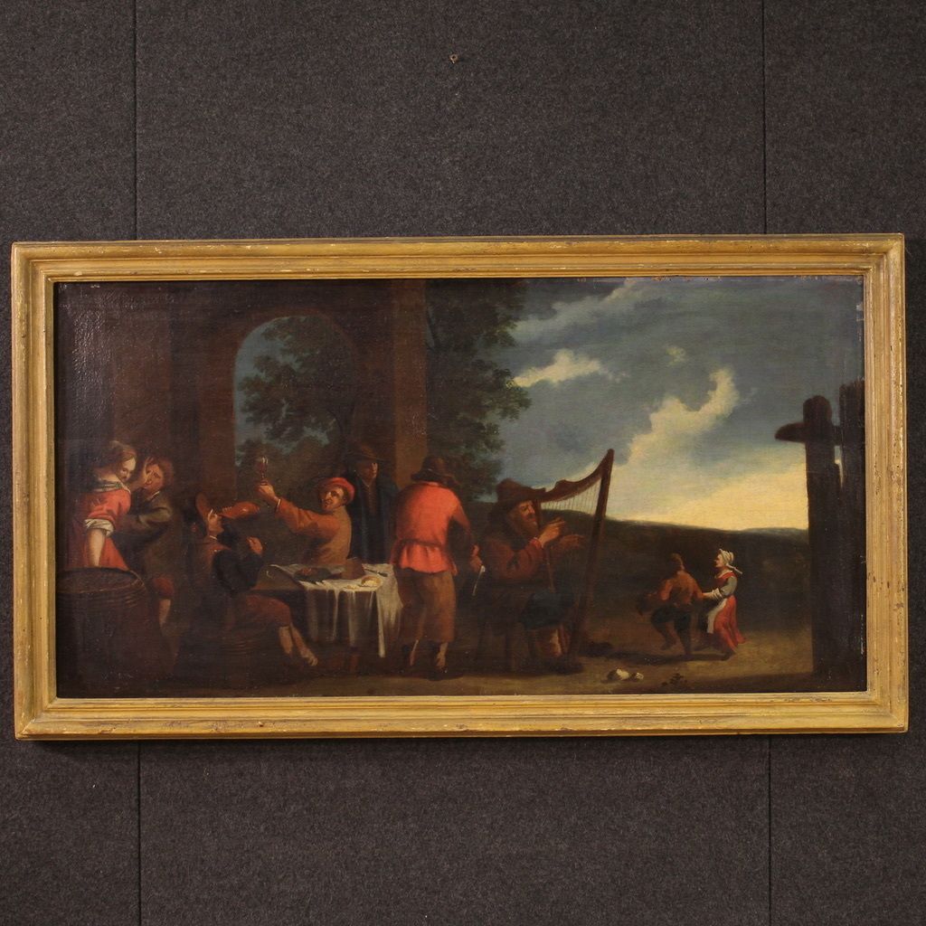 Antique Italian Painting From The 17th Century, Bamboccianti Genre Scene photo furniture