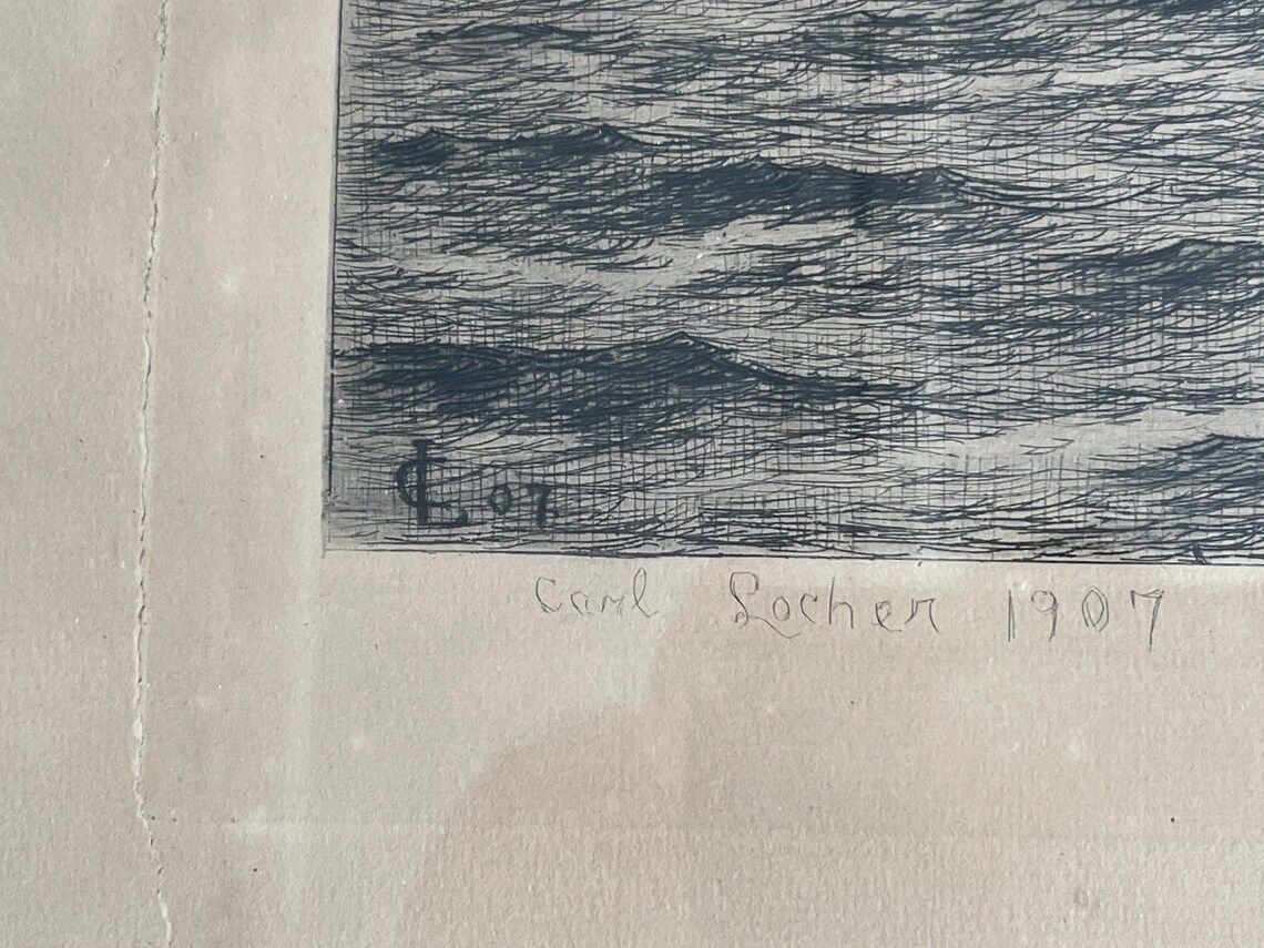 Danish Artist Carl Locher Etching Of Fishing Boats At Sea Signed In Print 1907 With Beautiful Old Patinated Gold Frame photo 207.0