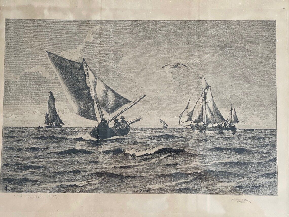 photo furniture Danish Artist Carl Locher Etching Of Fishing Boats At Sea Signed In Print 1907 With Beautiful Old Patinated Gold Frame