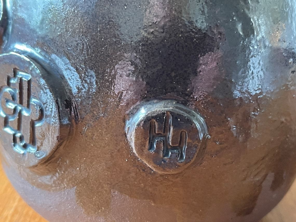 Ceramic Vase By Hans Helving Bornholm In 1965 Brown Glazed With Amulets With Symbols In Relief photo vintage
