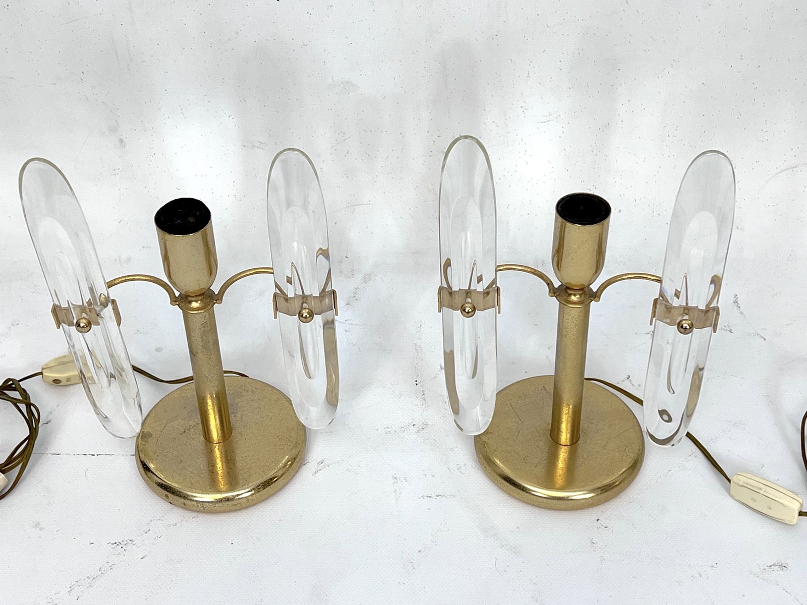 Postmodern Pair Of Gilded Metal And Glass Table Lamps By Stilkronen. Italy 70s photo for sale