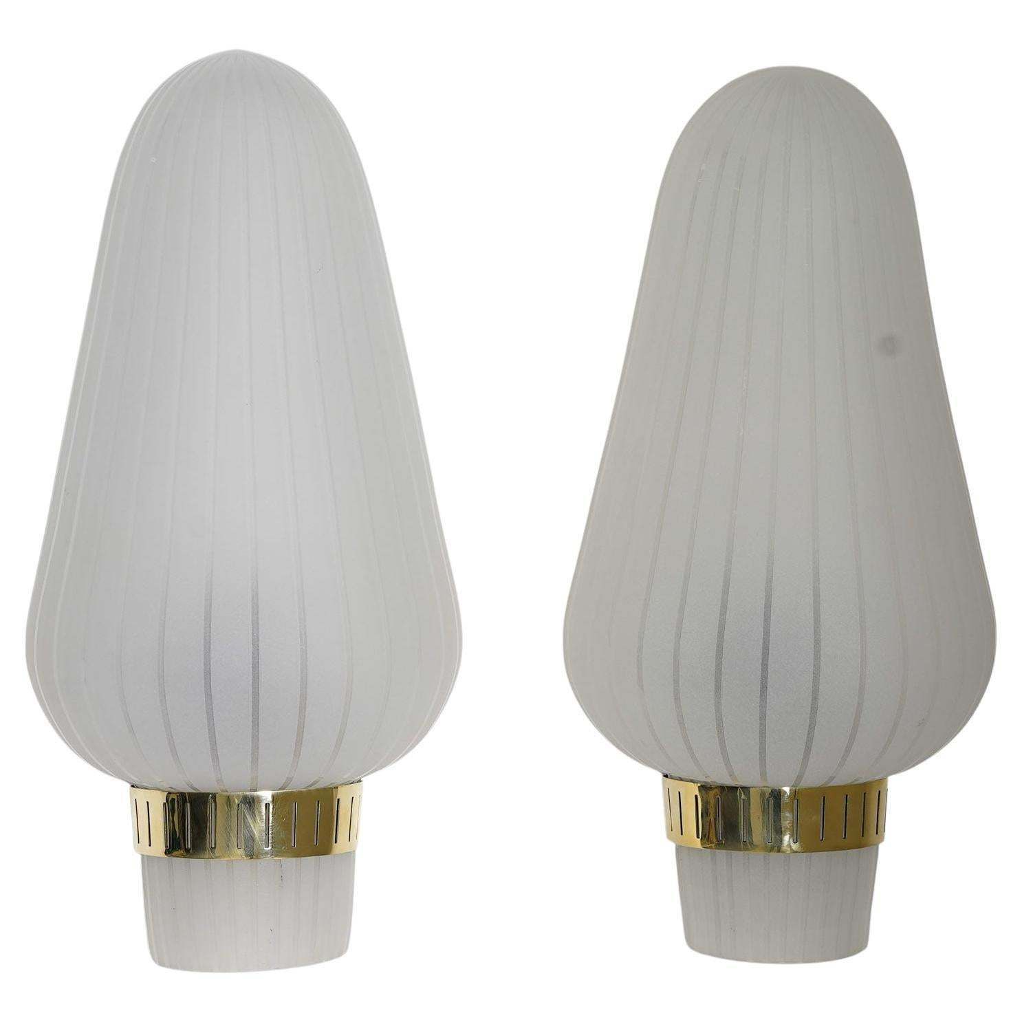 photo for sale Pair Of Swedish Mid Century Wall Lamps In Brass And Glass By Böhlmarks