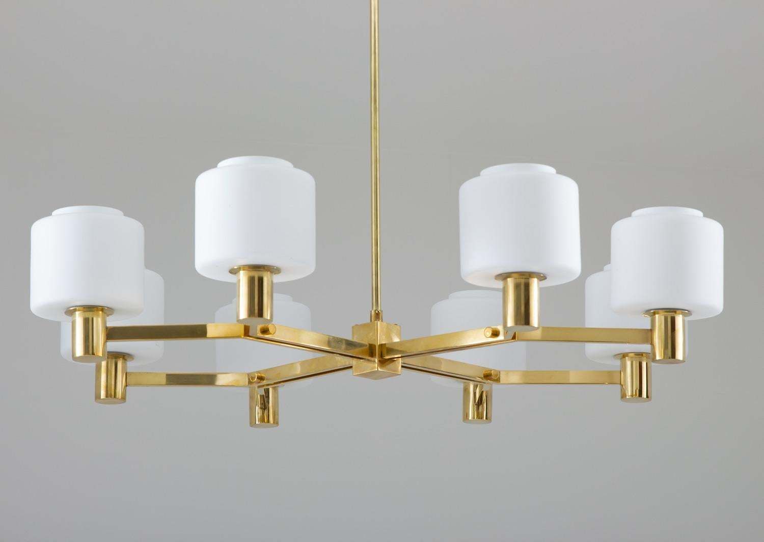 Large Scandinavian Midcentury Chandeliers In Brass And Glass photo Lighting